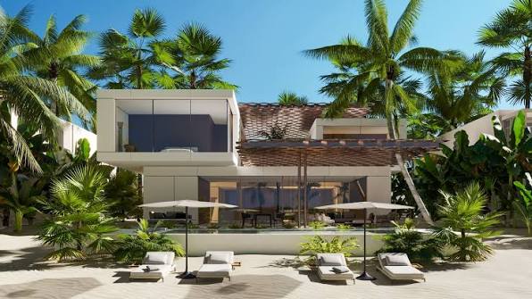 Villa contemporaine entourée de palmiers avec terrasse et transats
